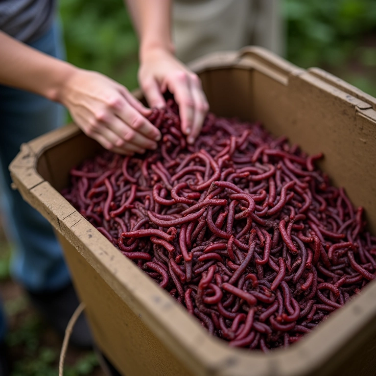 Mãos adicionando minhocas californianas à composteira.