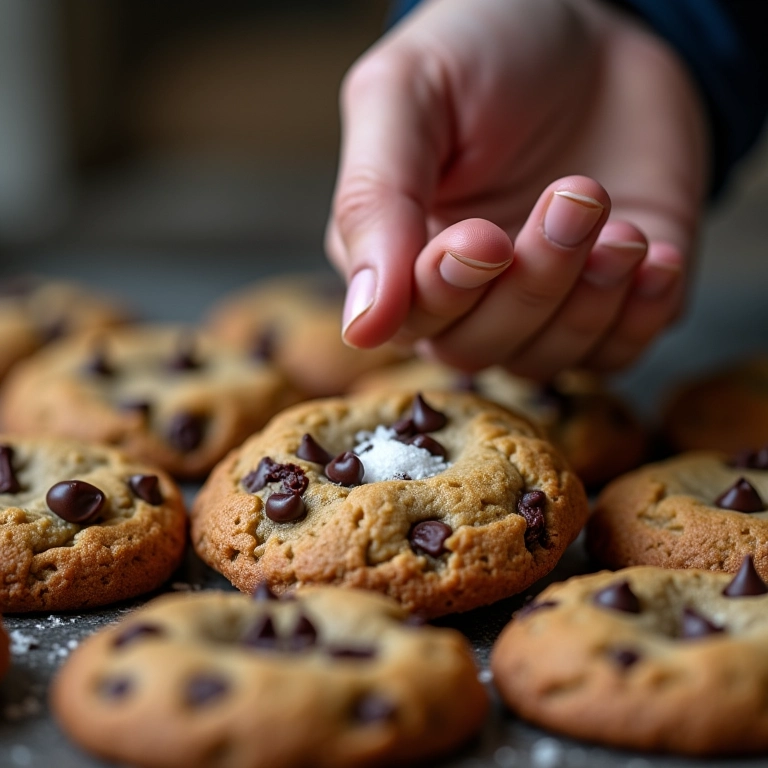 Mãos adicionando sal marinho em cookies de chocolate.