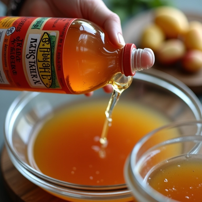 Mãos adicionando vinagre de maçã em uma tigela com ingredientes para molho agridoce.
