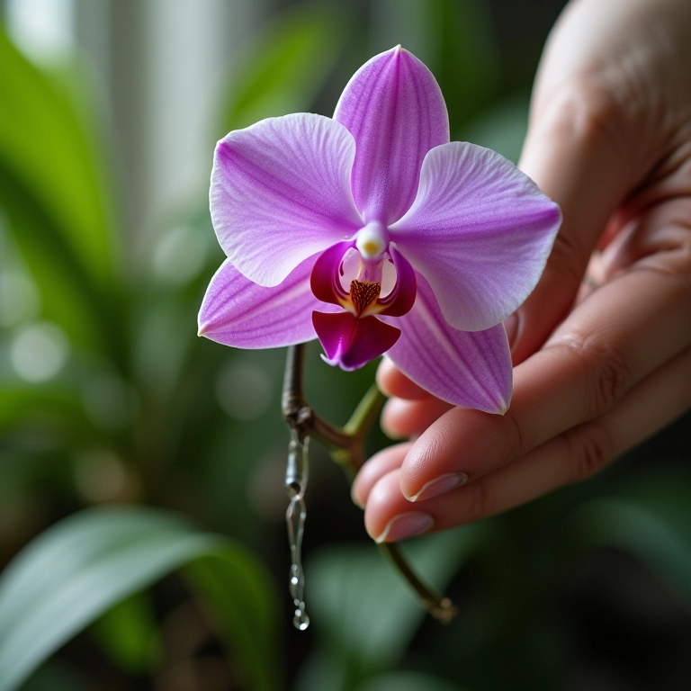 Mãos adubando orquídea com diferentes métodos.