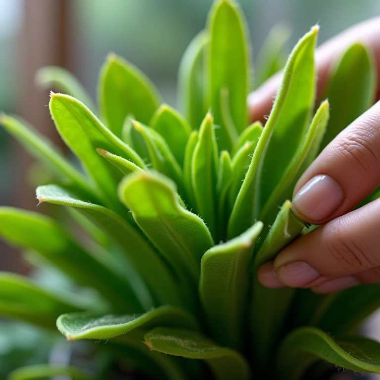 Mãos adubando Singônio com fertilizante.