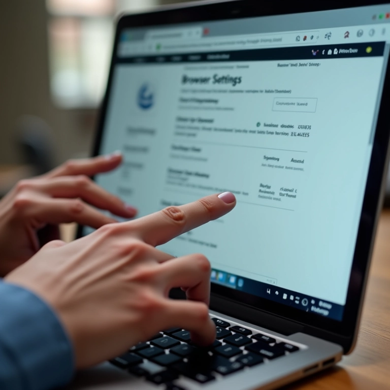 Mãos ajustando configurações do navegador para gerenciar cookies.