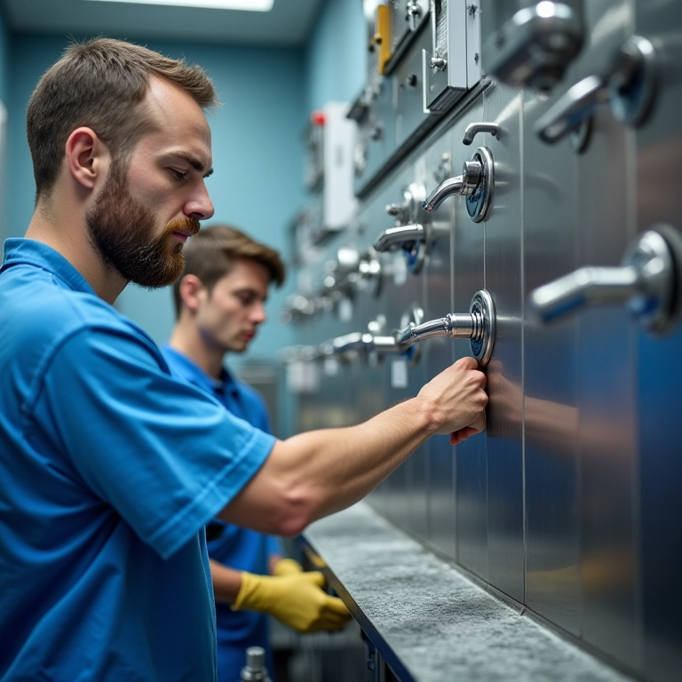 Mãos ajustando máquina de sorvete em oficina clara.