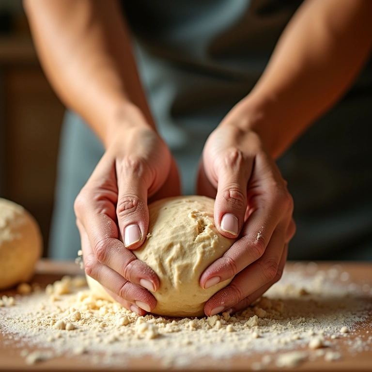 Mãos amassando massa de pão integral em uma cozinha iluminada.