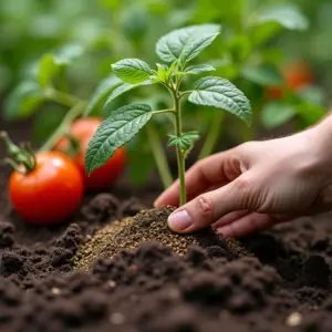 Como Fazer Adubação De Cobertura Corretamente Mãos aplicando adubo em planta de tomate no jardim.