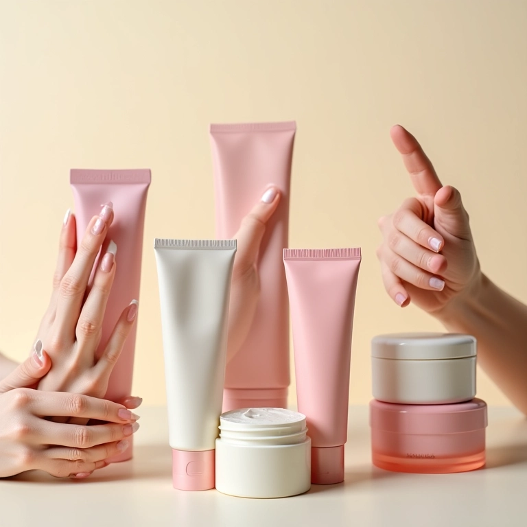 Mãos aplicando diferentes cremes anticelulite em estúdio.