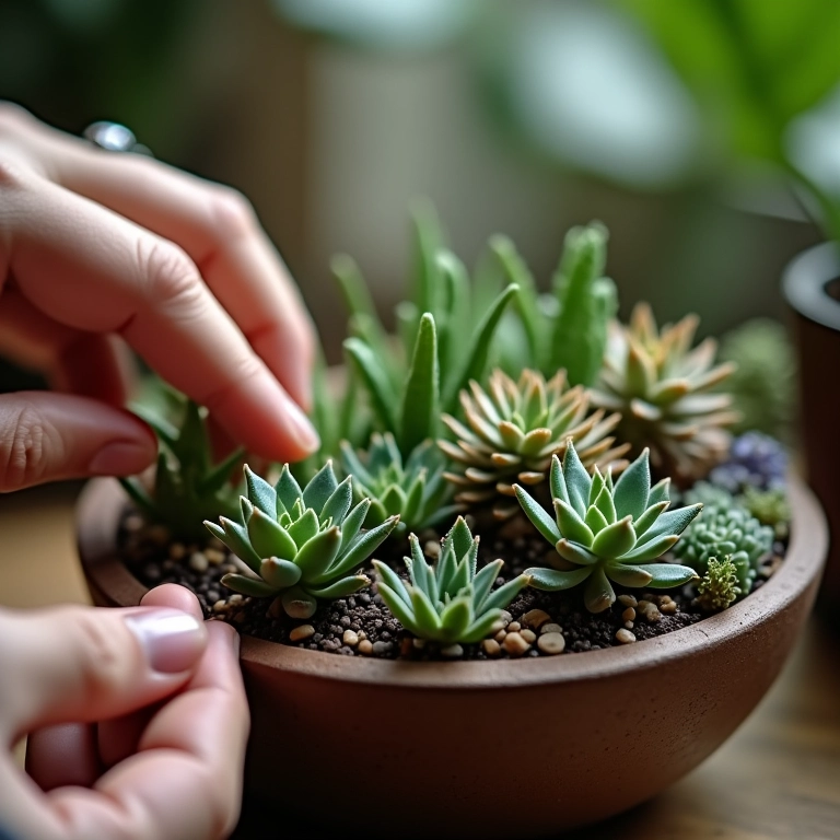Mãos arrumando suculentas em miniatura em um terrário.