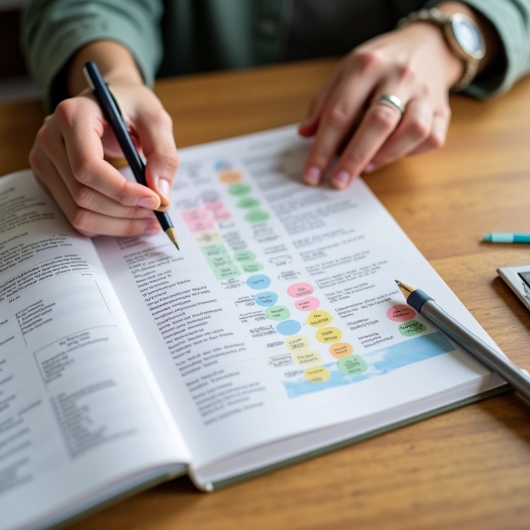 Mãos categorizando despesas com adesivos coloridos em um diário financeiro.