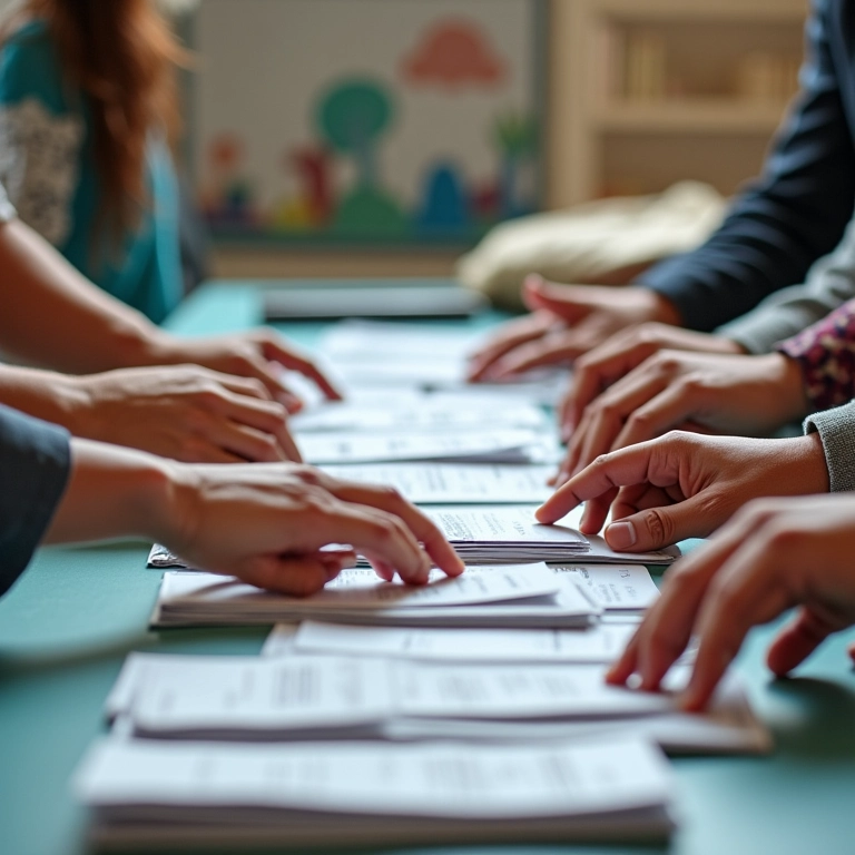 Mãos classificando recibos e notas fiscais em categorias para o fluxo de caixa.
