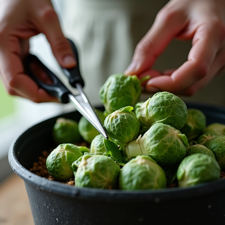 Mãos colhendo couve de Bruxelas em vaso com tesoura.