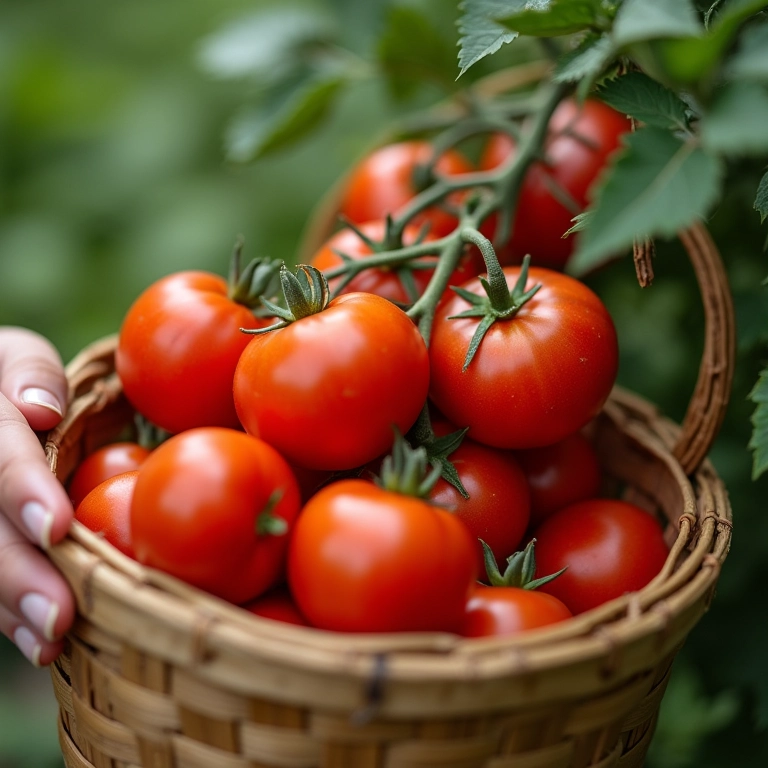 Mãos colhendo tomates maduros, cesta cheia de tomates vermelhos.