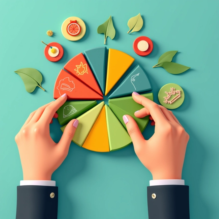 Mãos colocando ícones de diferentes ativos em um gráfico de pizza.