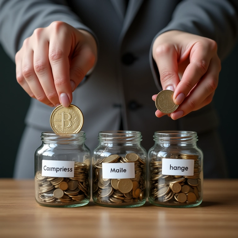 Mãos colocando moedas em potes diferentes rotulados com tipos de investimento, conceito de diversificação.