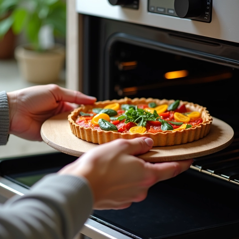 Mãos colocando torta de legumes pré-montada no forno, mostrando a praticidade do preparo.