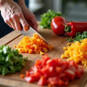 Mãos cortando legumes frescos em uma tábua de madeira em uma cozinha iluminada.
