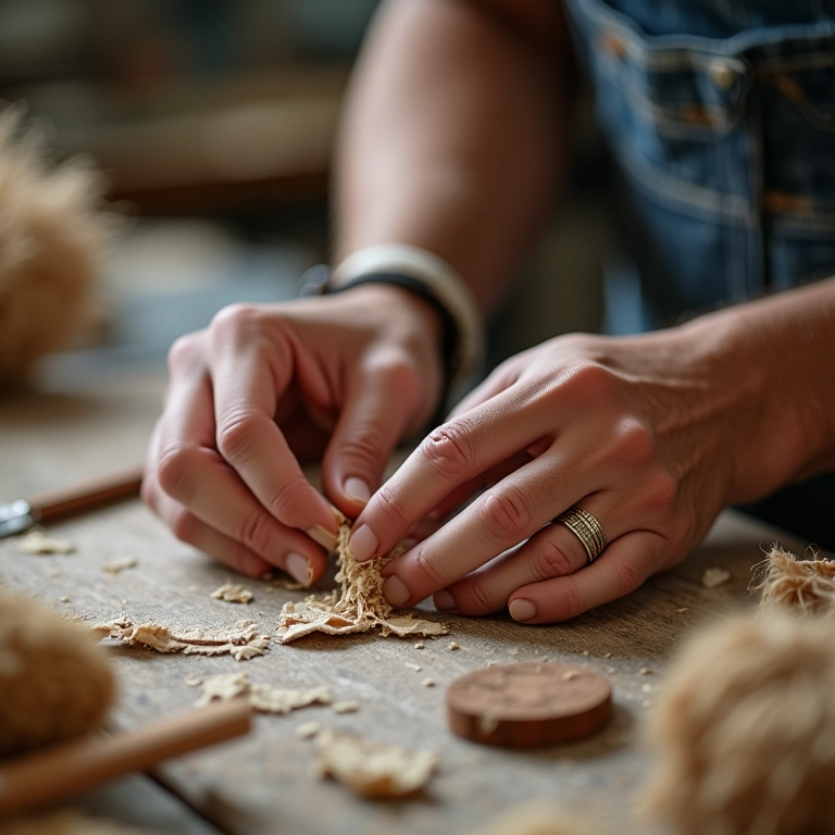 Mãos criam produto artesanal em oficina com etiqueta de preço.