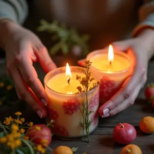 Mãos criando velas decorativas com flores e ervas secas.