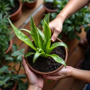 Como Cuidar De Plantas Carnívoras Em Casa Mãos cuidadosas replantando uma planta carnívora Venus Flytrap em casa.