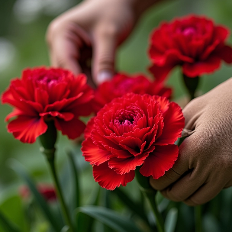 Mãos cuidando de cravos vermelhos: dicas de especialista.