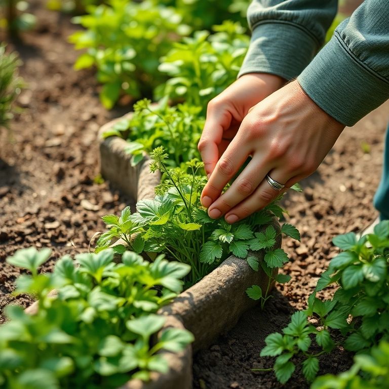 Mãos cuidando de horta em zigue-zague.