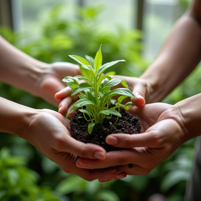 Mãos cuidando de horta urbana, luz natural e plantas saudáveis.