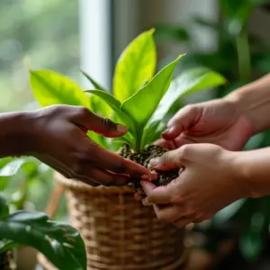 Mãos cuidando de planta exuberante em casa brasileira.