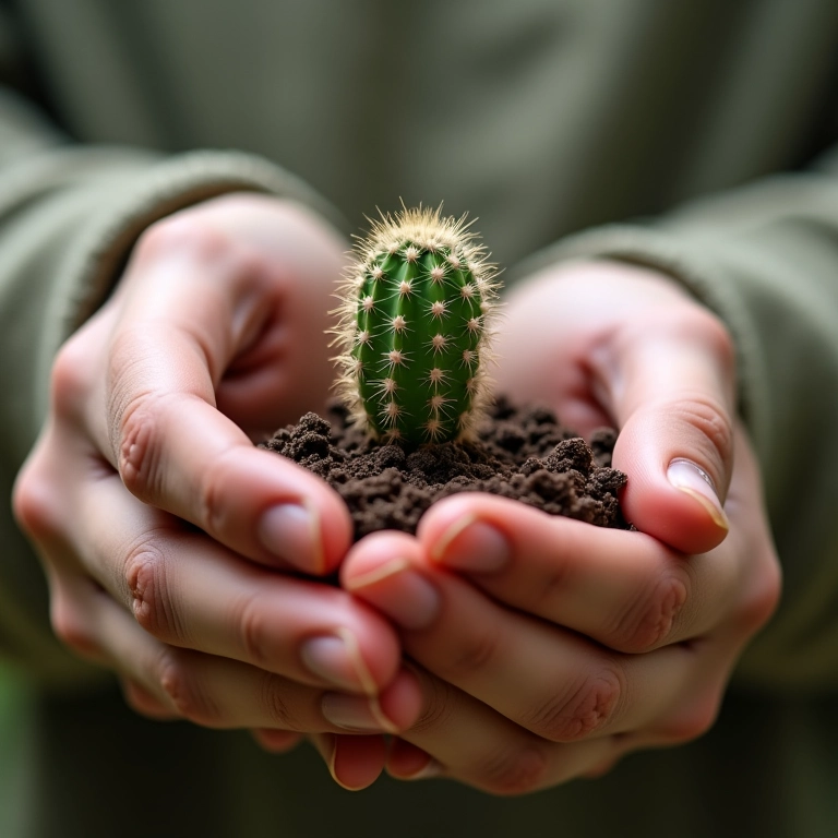 Mãos cuidando de um cacto, demonstrando os cuidados necessários.