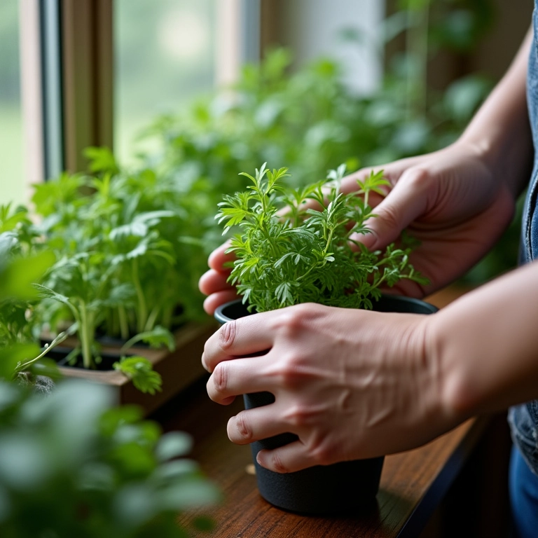Mãos cuidando de uma pequena horta de temperos em casa.