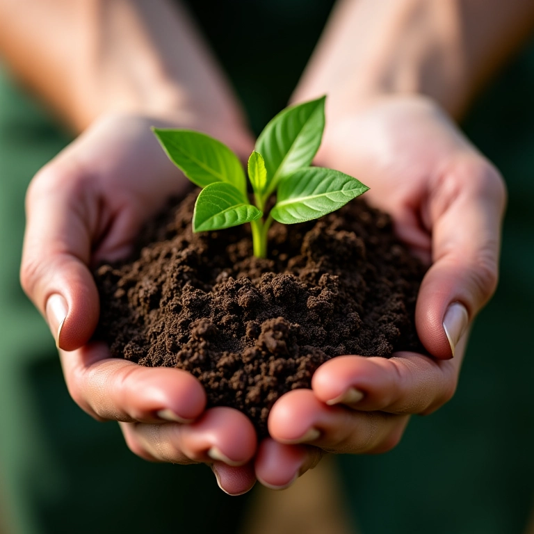 Mãos de agricultor segurando solo fértil rico em matéria orgânica, enfatizando sua importância para o crescimento das plantas.