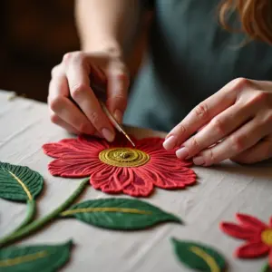 Mãos de bordadeira criando um bordado floral detalhado.
