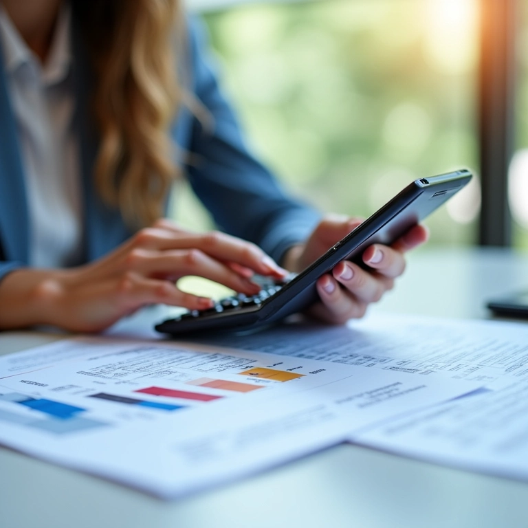 Mãos de empresária usando calculadora e analisando documentos financeiros para transição de MEI para ME.