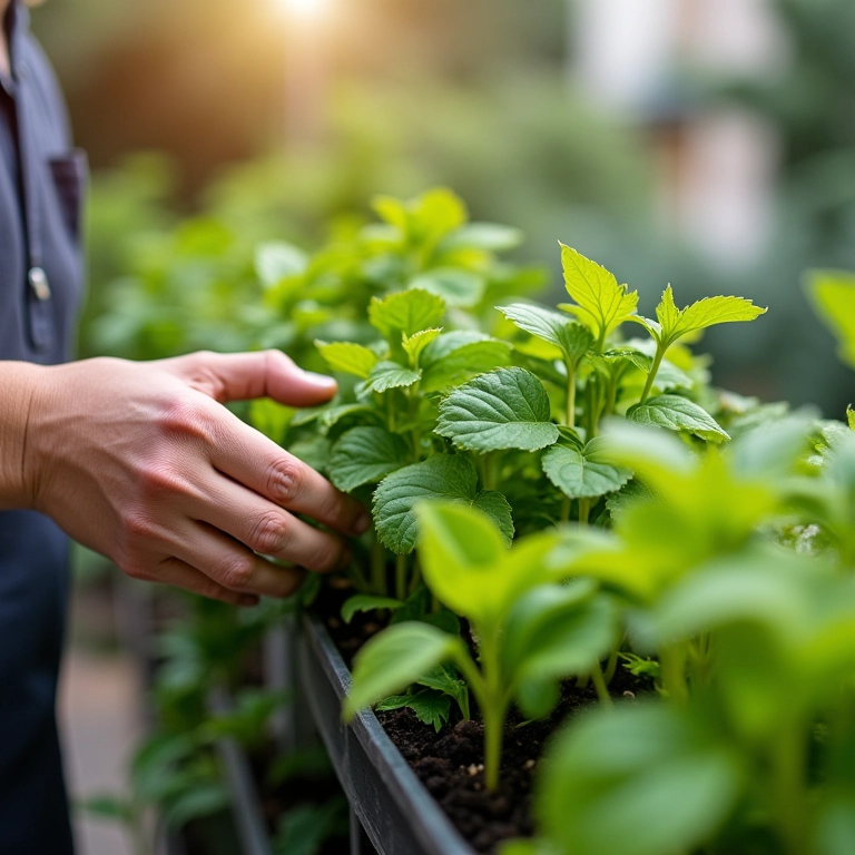 Mãos de especialista cuidando de um jardim vertical em varanda.