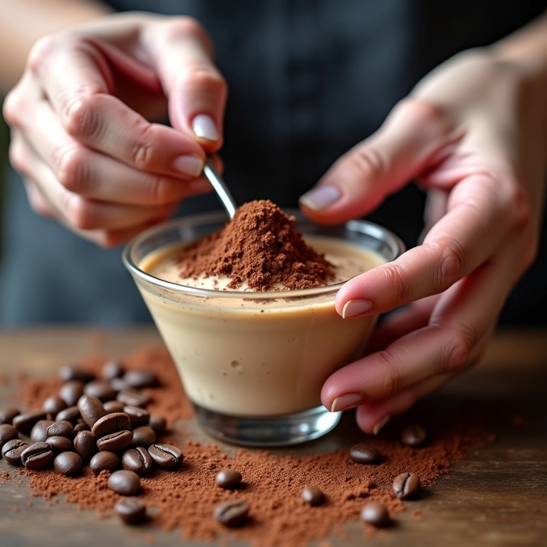 Mãos de especialista decorando pudim de café.