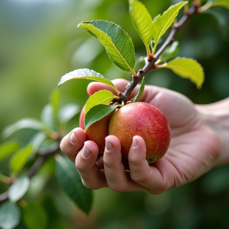 Mãos de especialista enxertando galho de árvore frutífera em close-up.