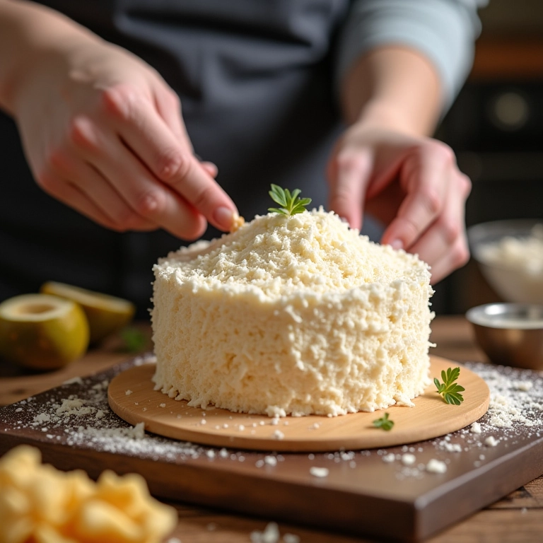 Mãos de mulher decorando um bolo de coco com coco ralado.
