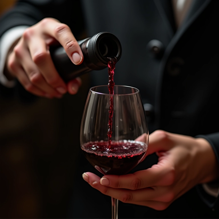 Mãos de sommelier servindo vinho com utensílios elegantes, com texto 'Dicas da Sommelier'.