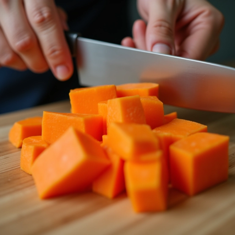 Mãos demonstrando como cortar cenouras em cubos perfeitos.