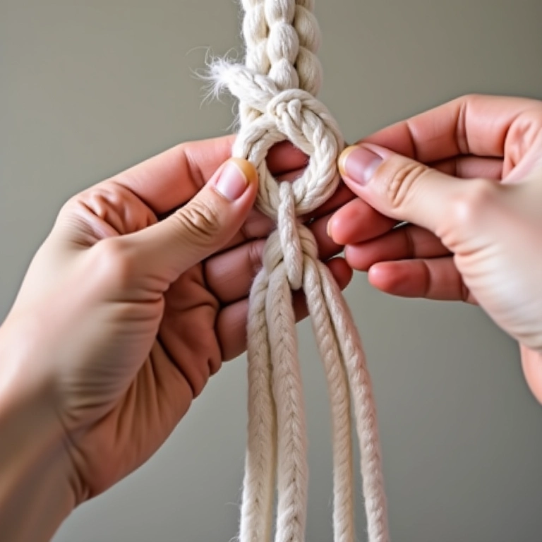 Mãos demonstrando nós básicos de macramê em tutorial visual.