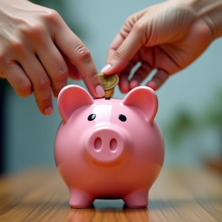 Mãos diferentes colocando moedas em um cofrinho, representando como aumentar o score de crédito.