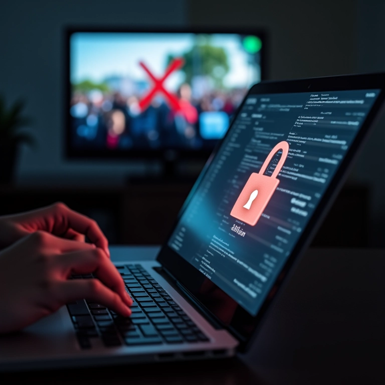 Mãos digitando em laptop com ícone VPN, protegendo contra a censura online.