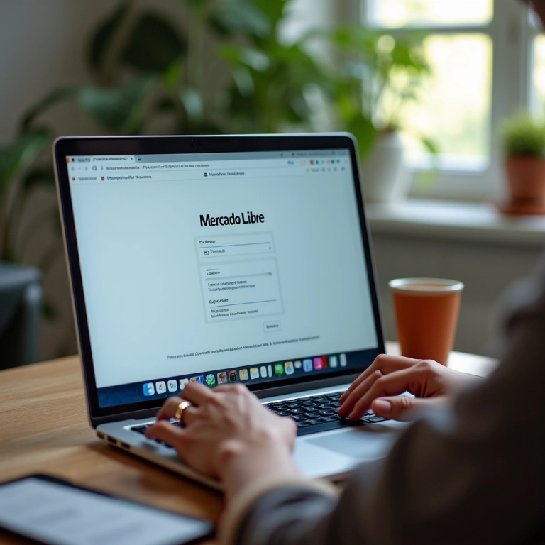 Mãos digitando em um laptop criando uma conta de vendedor no Mercado Livre.