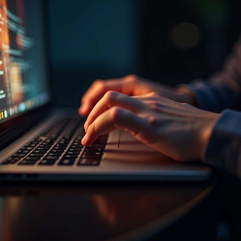 Mãos digitando em um laptop, simbolizando ações urgentes da Anistia Internacional para proteger vítimas de violações.