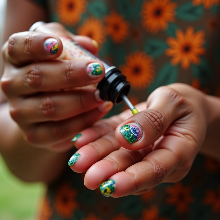 Óleo Secante ou Top Coat: Qual Usar Para o Esmalte Durar Mãos diversas aplicando top coat e óleo secante em unhas coloridas.