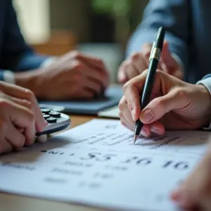 Mãos diversas calculando finanças em equipe, foco em precificação estratégica.