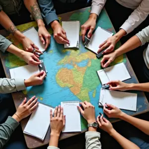 Mãos diversas calculando preços em mesa colorida com calculadoras e cadernos.