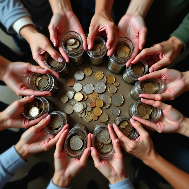 Mãos diversas colocando moedas em potes com rótulos de tipos de investimento.