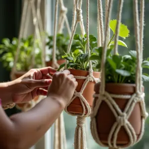 Mãos diversas criando suportes de macramê para plantas em ambiente ensolarado.
