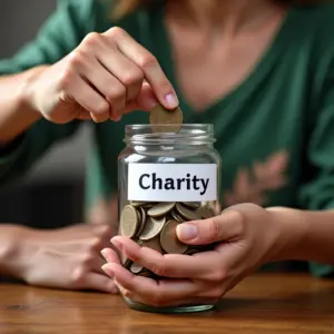Doar para caridade: Como fazer de forma inteligente Mãos diversas depositando moedas em pote de doação, simbolizando caridade.