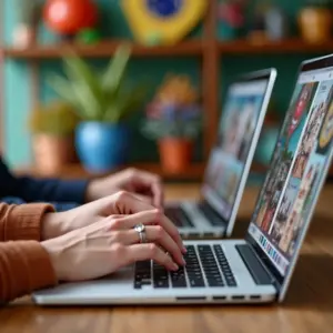 Mãos diversas digitando em laptops, produtos ao redor, decoração brasileira.