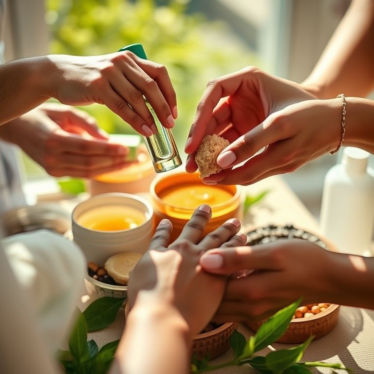 Mãos diversas formulando cosméticos naturais com ingredientes orgânicos.